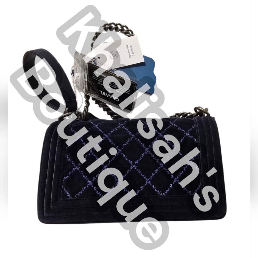 Like NEW! CHANEL BOY BAG WILD STITCH SUEDE LIKE VELVET TWEED LIKE IN NAVY BLUE! - Picture 8 of 16